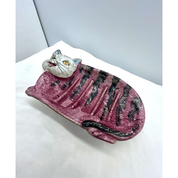 Hand‎ Painted Cat Soap Dish 7 1/2" Made in Italy GAR350G - Picture 3 of 7